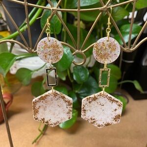 Gold and Cream Hexagon Dangle Earrings